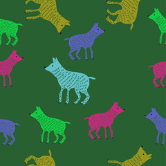 Seamless decorative  colored dogs . Hand drawn.