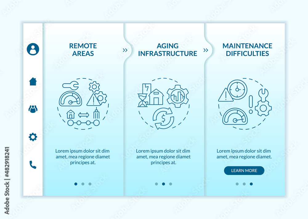 Poster rural electrification obstacles turquoise gradient onboarding template. responsive mobile website wi