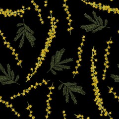 Naklejka na ściany i meble Flowers of Spring mimosa on a black background. Seamless pattern. Suitable for packaging, Wallpaper, fabric.