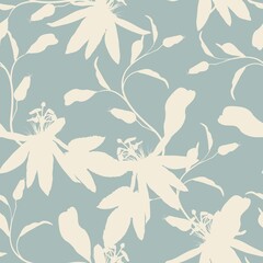 Tropic summer painting seamless pattern with exotic flower branch silhouette. Trendy exotic flower wallpaper on blue background.