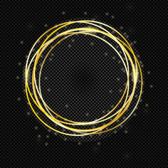 Gold shining round banner. Golden circle. Lights effects. Sparkle ring frame. Isolated on black transparent background. Vector illustration