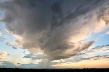 Landscape of dark clouds forming on stormy sky during thunderstorm