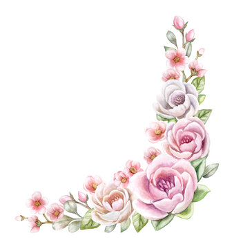 Floral wreath, corner spring frame, center for custom text. Watercolor hand painted flowers. Pink flowers and roses on a colored background. For web pages, wedding invitations, greeting cards