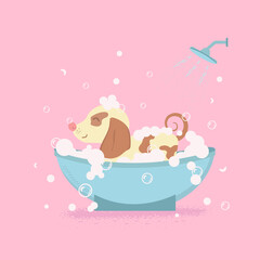 dog in the bathroom, pink background