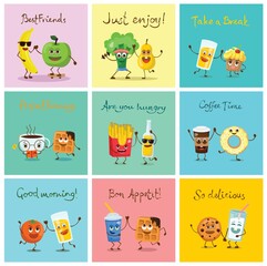 Fototapeta premium Cute funny food and drink characters set, best friends, funny fast food menu vector Illustrations. Flat vector illustration use for web page, card, poster, banner.