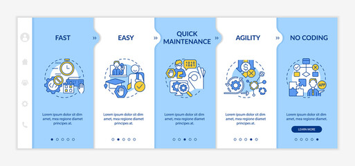 Benefits of no code blue and white onboarding template. Low code solution. Responsive mobile website with linear concept icons. Web page walkthrough 5 step screens. Lato-Bold, Regular fonts used