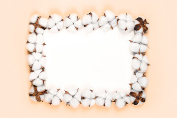 White Rectangle with frame of cotton flowers on beige background