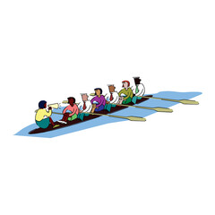Tourist paddle in kayak. Active recreation and sports rivers and lakes. Man life jacket paddles one seater canoe through water. Extreme rafting along mountain river flow. Vector flat concept isolated © Ruslan