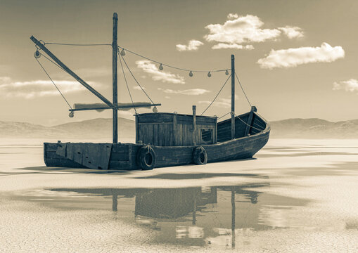 wood fishing boat is low tide on the desert after rain rear side view