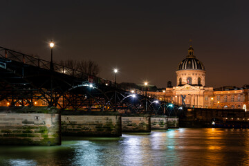 Paris, Art Bridge and Institute of France, Reflection of Lights in the Seine River, City Landscape