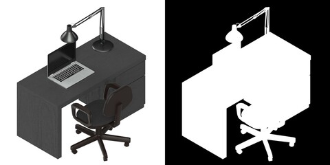 3D rendering illustration of an office desk with chair and laptop