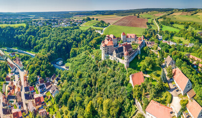 Bavarian City of Harburg from top made with drone during autumn with colored environment