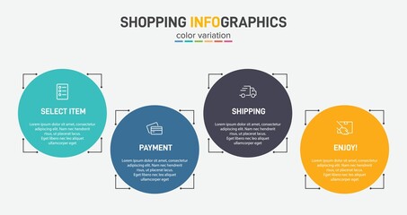 Concept of shopping process with 4 successive steps. Four colorful graphic elements. Timeline design for brochure, presentation, web site. Infographic design layout.