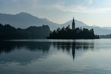 Panoramic view of Lake Bled in Slovenia at sunrise 