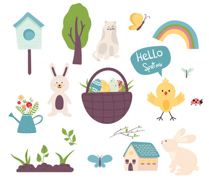 Easter spring set. cute animals, butterflies. Hand drawn flat cartoon elements. Vector illustration nature festival. tree, chicken, plants, hare, pschal eggs, ladybug, birdhouse, cat, sprout, house