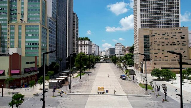 Anhangabau Valley at downtown Sao Paulo Brazil. Stunning landscape of historic centre of city. Medieval buildings and viaducts of historic center of Sao Paulo. Travel destinations.