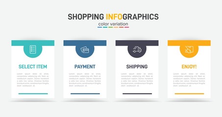 Fototapeta premium Concept of shopping process with 4 successive steps. Four colorful graphic elements. Timeline design for brochure, presentation, web site. Infographic design layout.