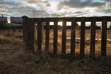 Antique wooden fence. Rotten boards. Unreliable protection.