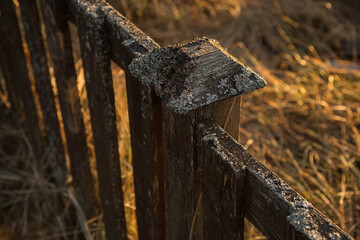 Antique wooden fence. Rotten boards. Unreliable protection.