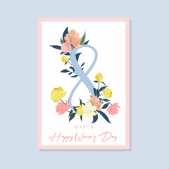 Happy women's day greeting card. Postcard on March 8.