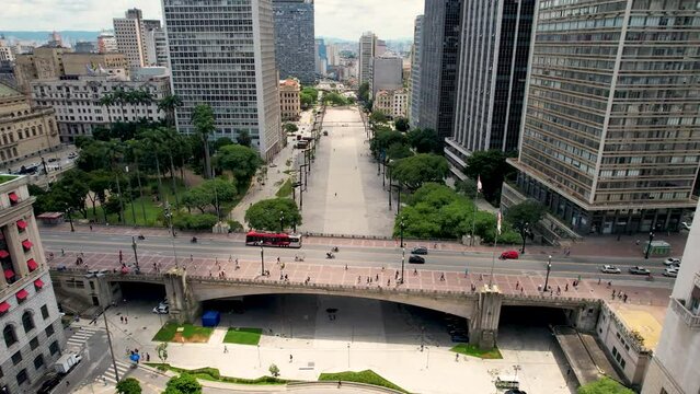 Cha Viaduct at cityscape Sao Paulo Brazil. Stunning landscape of historic center of city. Medieval buildings and viaducts of historic center of Sao Paulo. Travel destination.