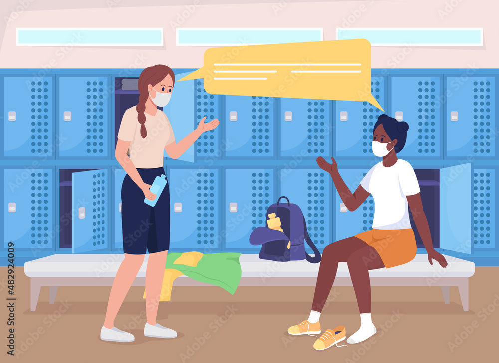 Poster girls before gym class flat color vector illustration. discussing physical classes. students in face