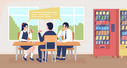 Students in uniforms on break flat color vector illustration. School cafeteria space. Lunch time. Pupils eating snacks from vending machine 2D cartoon characters with window on background