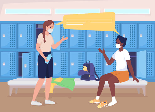 Girls before gym class flat color vector illustration. Discussing physical classes. Students in face mask talking in dressing room 2D cartoon characters with lockers row on background