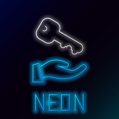 Glowing neon line House key icon isolated on black background. Colorful outline concept. Vector