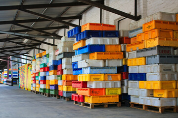 colorful plastic boxes at the harbor