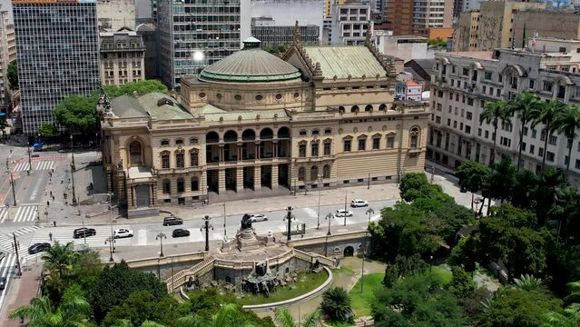 Sao Paulo Municipal Theater at downtown Sao Paulo Brazil. Stunning landscape of historic centre of city. Medieval buildings and viaducts of historic center of Sao Paulo. Travel destinations.