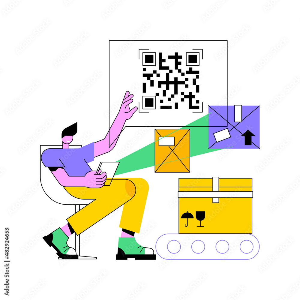 Poster qr code abstract concept vector illustration. qr generator online, qr code reading, warehouse modern