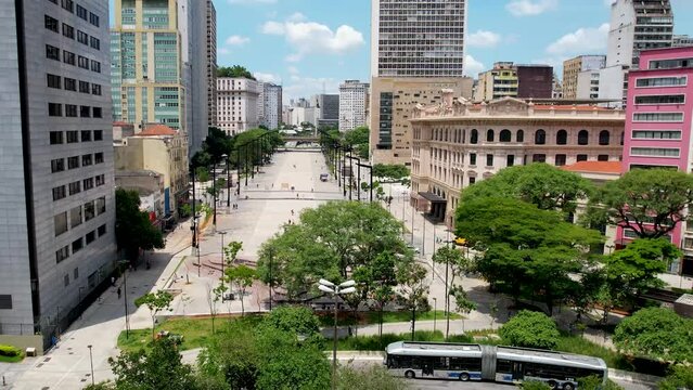Santa Efigencia Viaduct at cityscape Sao Paulo Brazil. Stunning landscape of historic center of city. Medieval buildings and viaducts of historic center of Sao Paulo. Travel destination.