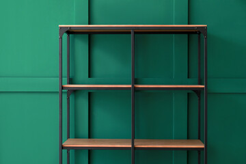 Empty shelf unit near green wall