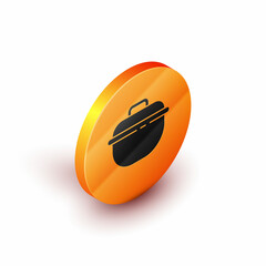Isometric Cooking pot icon isolated on white background. Boil or stew food symbol. Orange circle button. Vector