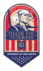 Silhouette of a sailor with a gun on the background of a warship and the national flag of the United States. Happy Veterans Day.