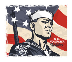 Silhouette of a sailor with a gun on the background of the US national flag. Happy Veterans Day.