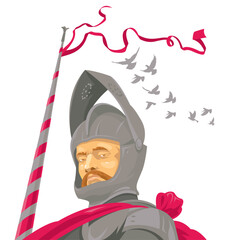 Knight in armor with a spear and developing pink ribbons at the tournament. Isolated vector illustration.