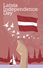 Hand holds national flag Latvia on the background of the Riga city. Skyline vector silhouette illustration. Happy Independence Day.
