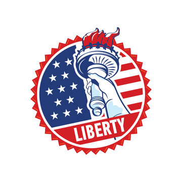 Round label with a hand holding a torch of the flame of liberty on the background of the American flag