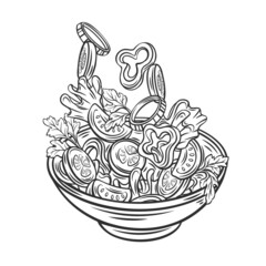 Salad falling into bowl outline hand drawn vector illustration. Flying salad with red tomatoes, pepper, cucumber, spinach and lettuce concept cooking