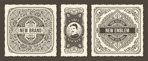 Square and vertical vintage labels for packaging. Calligraphic cards and frames in the style of line art