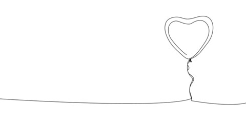 Heart shaped balloon continuous line drawing. One line art of decoration, accessory, balloon, holiday, romance, congratulate, surprise, heart.