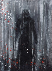 Black Shadow of the scary man. Art print and card. Horror Watercolor Painting, creepy man with glowing eyes. Gothic Home decor. Dark Fantasy creature - 482926096