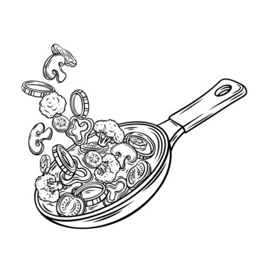 Fresh vegetables flying into a pan outline drawn vector illustration. Preparing healthy meal. Slices of carrots, broccoli, mushrooms, onions, tomatoes and peppers falling. Flying vegetables concept.