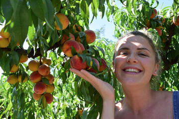 A young woman holds a peach tree branch with fruits with her hand and smiles