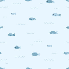 Seamless pattern with small fishes on blue background. Underwater life. Hand drawn doodle sea animals and ocean waves. Vector illustrator.