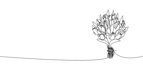 Bouquet of tulips continuous line drawing. One line art of decoration, flowers, roses, garden flowers, bouquet, floristry, romance, gift, relationship, love, flower composition.
