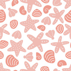 Seamless pattern with starfish and shells on white background. Sea and ocean life. Trendy coral colors. Vector design for wrapping paper, banner, textile, wallpaper and package.