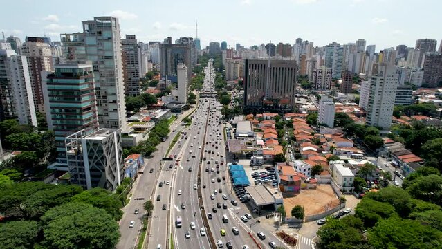 Cityscape of Sao Paulo Brazil. Stunning landscape of historic center of city. Medieval buildings and viaducts of historic center of Sao Paulo. Travel destination.